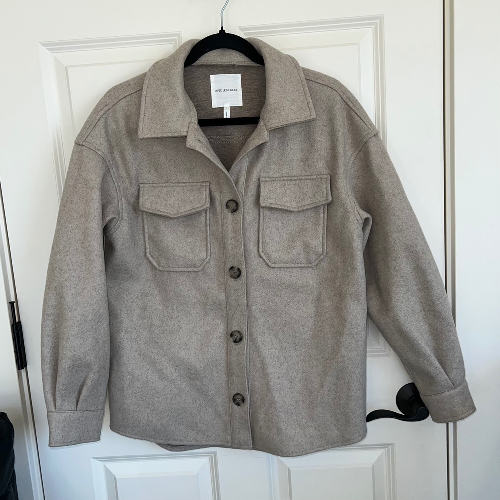 Avec Les Filles Melange Button Down Boyfriend Jacket Shacket Oatmeal/Beige Small